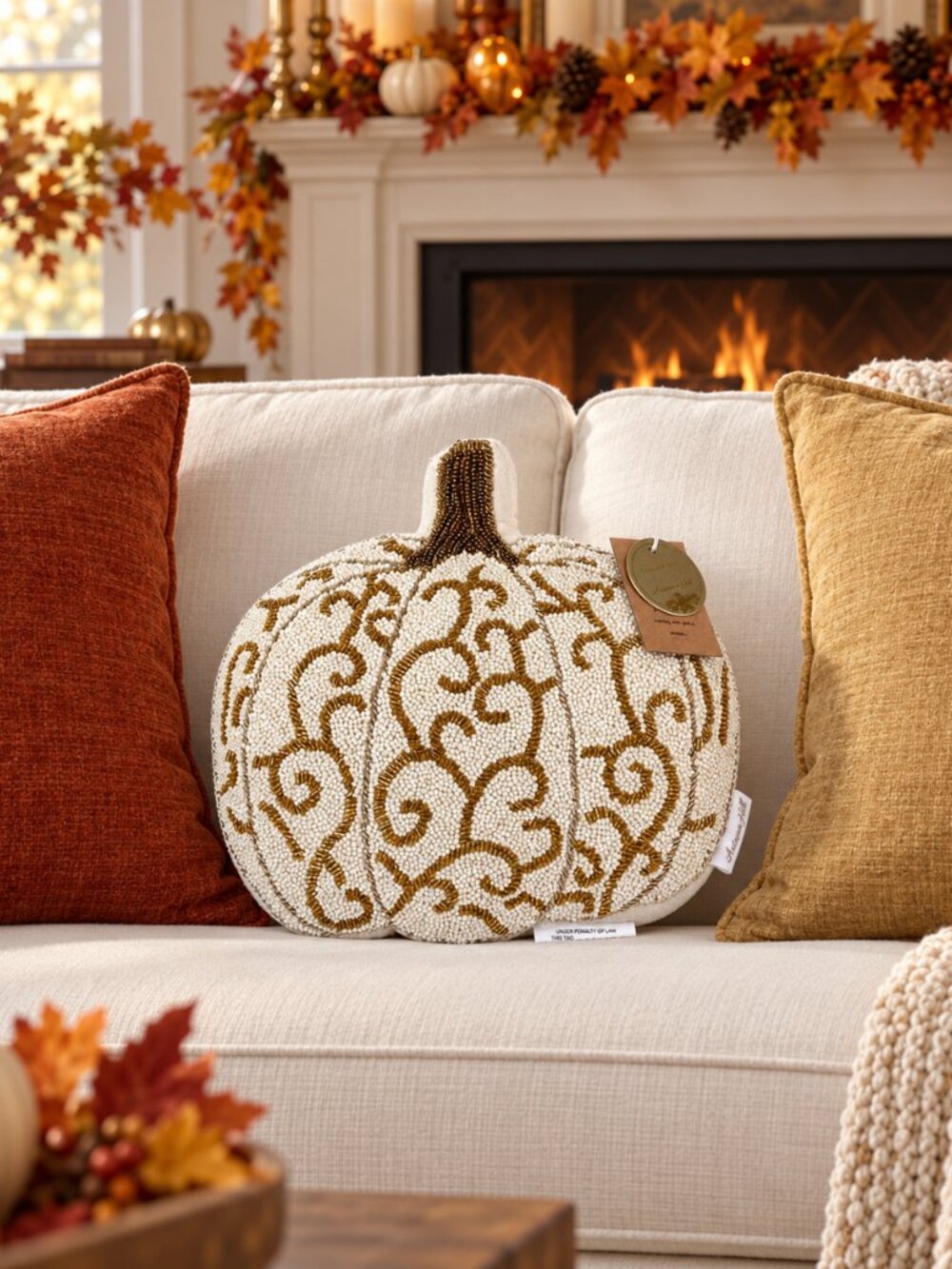 Autumn Hill Beaded Fall Pumpkin Accent Pillow Gold Scroll Thanksgiving Decor